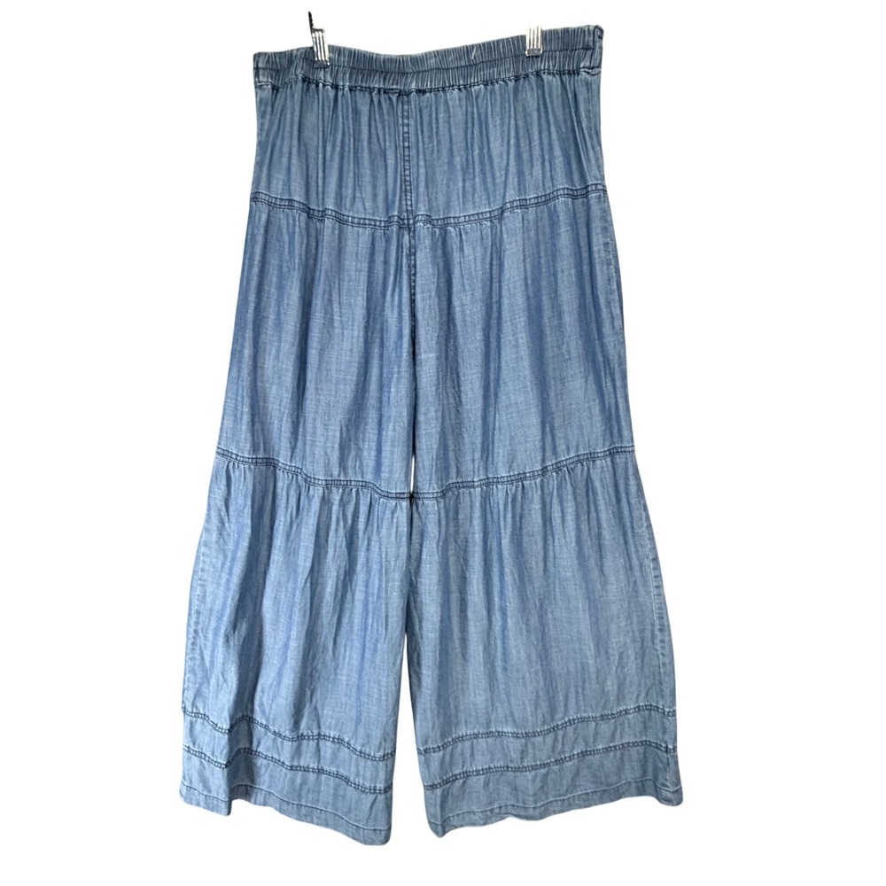 Anthropologie Current Air Chambray Tiered Wide Leg Pant M Blue Flowy Modern Boho - Picture 6 of 16